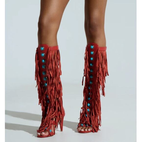 Azalea Wang Women's Coral/Turquoise Back Zip Fringe Trim Calf High Sandals 6.5 - Picture 1 of 15